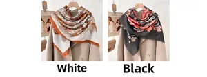 Detailed comparison of floral scarves in white and black styles on wool coats