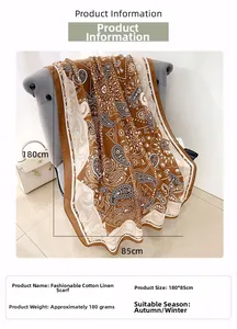 Close-up of brown paisley cotton linen scarf with details on soft fabric texture