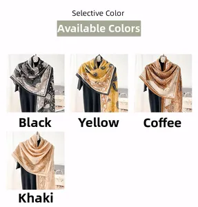 Detailed color options of Paisley print scarves in black, yellow, coffee and khaki