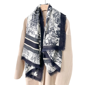 Toile de Jouy print scarf with European architecture motifs and fine fringe edges