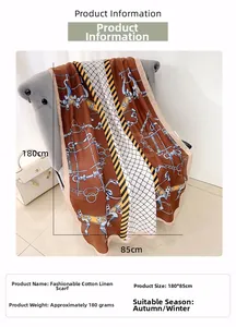 Detail of elegant 180x85cm cotton linen scarf with vintage prints and chain patterns