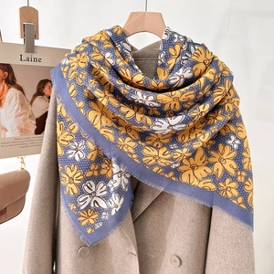 Fashionable floral 130cm square scarf with blue fringe on grey wool coat