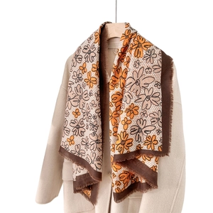 Vintage floral printed scarf with tassels on beige coat, 130cm large fashion wrap scarf