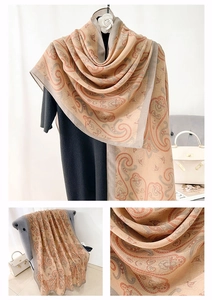 Detail shot of khaki cotton linen shawl with elegant paisley print and contrast border