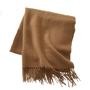 Solid caramel cashmere-feel scarf with soft fringe tassels on a clean white background