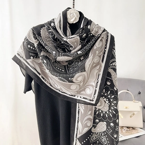 Elegant black and grey paisley printed cotton linen shawl for stylish women travelers