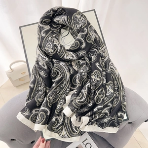 Elegant black and white paisley cotton linen shawl scarf with bohemian abstract patterns