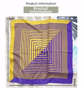 Detail view of 68cm square silk scarf featuring purple and yellow geometric stripes