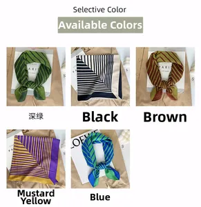 Detail view of five assorted patterned silk-like scarves featuring elegant geometric lines