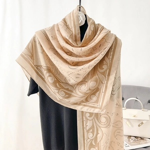Elegant paisley floral oversized shawl in beige and light brown silk-touch fabric