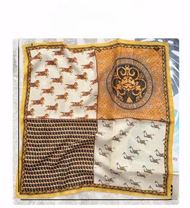 Detail of 68cm square silk scarf featuring vintage horse print and grid pattern