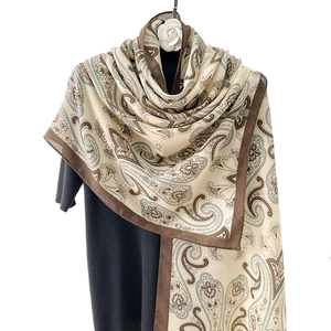 Elegant cotton linen shawl with retro paisley print and contrasting brown border
