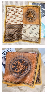 Macro detail of silk-like scarf with vintage horse print and geometric patterns
