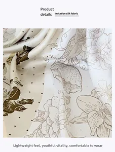 Macro detail of silk-like fabric showing elegant rose prints and beige floral patterns