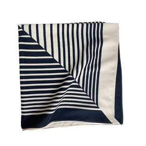 Elegant navy and beige herringbone striped square silk scarf shown on a clean white background