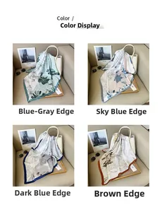 Detail showing four floral silk scarf color options on a luxury handbag accessory