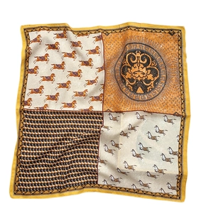 Elegant silk-like square scarf featuring golden horse prints and geometric patterns