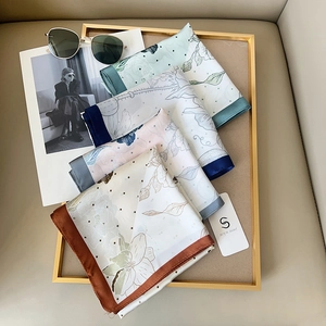 Elegant floral print silk-feel square scarves set for women in various stylish border colors
