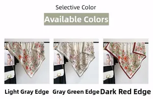 Close-up of floral print square scarves in light gray, gray-green and deep red colors
