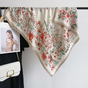 Elegant floral print square scarf in cream silk-feel fabric with vintage botanic patterns