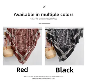 Detail of mercerized wool scarf featuring vintage geometric patterns in red and black