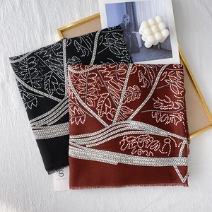 Retro ethnic print large square scarves in black and dark red with fringed edges