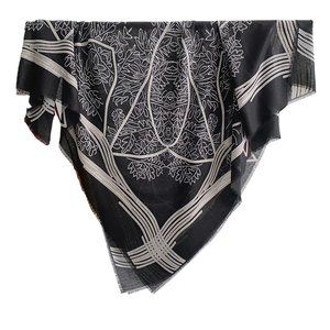 Vintage bohemian black and white patterned shawl with elegant tassel fringe details