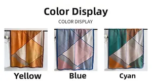 Three color variants of geometric silk scarves in yellow blue and teal silk satin display