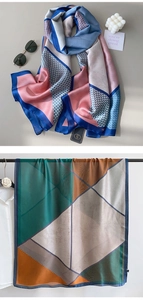 Close-up of geometric color-block silk scarves with houndstooth pattern and silky luster