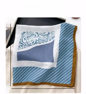 Detail view of 68cm square silk scarf with blue roses, stripes and vintage brown borders
