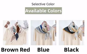 Detailed close-up of fashion flower print square scarves in brown, blue and black
