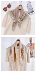 Detailed view of square silk scarf with rope chain pattern in elegant beige and coffee tones