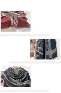 Detail view of the bohemian scarf showing burgundy patterns and fringe tassels