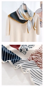 Detailed pattern of floral and stripe print square scarf with mustard yellow border