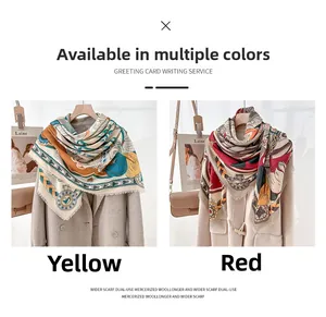 Detailed texture of printed mercerized wool scarf showing frayed edges and vibrant colors