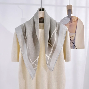 Retro herringbone pattern square scarf in grey and beige with elegant rope border
