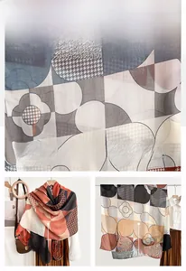 Close-up of geometric print scarf showing houndstooth patterns and soft fabric texture