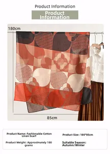 Detail of creative geometric cotton linen scarf showing size 180x85cm and material specs