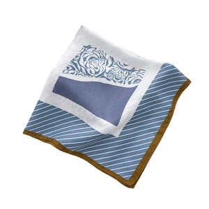 Elegant blue floral silk square scarf with striped patterns and brown rolled edges