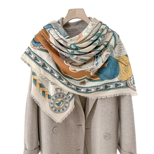 Elegant art illustration shawl with feathers and geometric patterns on wool coat