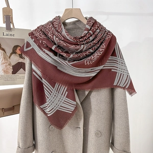Ethnic style dark red geometric print square scarf shawl with fringe on coat
