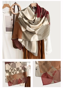 Detailed close-up of geometric pattern silk scarf with houndstooth and floral prints