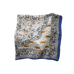 Blue and orange paisley floral square scarf with herringbone pattern in soft cotton fabric