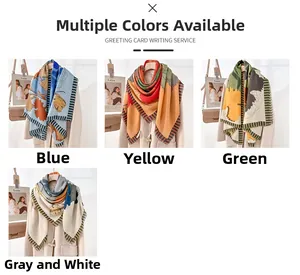 Detail view of floral print scarves in blue, yellow, green and gray colors hanging on a coat