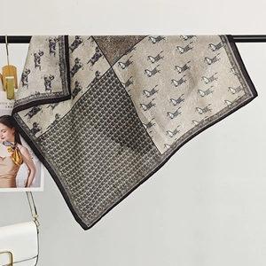 British style cotton linen silk square scarf with horse print and houndstooth pattern