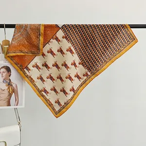 British style horse print square silk scarf with orange houndstooth and polka dots