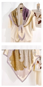 Detailed close-up of cream square silk scarf with purple and earth tone floral patterns
