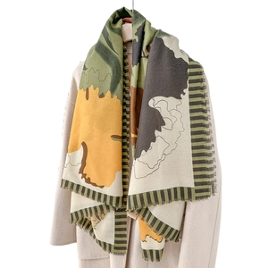 Floral print square scarf with abstract moss green and mustard botanical patterns