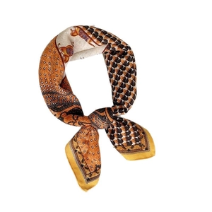 British style horse and houndstooth print scarf in orange and yellow cotton linen blend