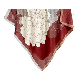 Deep red silk scarf featuring large vintage white peony floral prints with herringbone weave